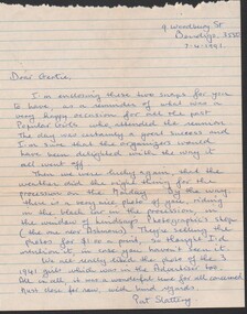 Letter - Gertrude Perry Collection - handwritten note from Pat Slattery to "Gertie" referring to the reunion of the Bendigo easter Fair Miss Popular Girls on 7 April 1991