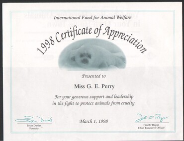 Certificate - Gertrude Perry Collection - International Fund for Animal Welfare 1998 Certificate of Appreciation presented to Miss G.E. Perry