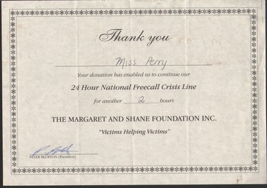 Certificate - Gertrude Perry Collection - certificate of appreciation for Miss Perry and her donation of two hours service to the 24 Hour National Freecall Crisis Line