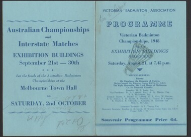 Programme - Gertrude Perry Collection - Victorian Badminton Association Programme Victorian Badminton Championships 1948