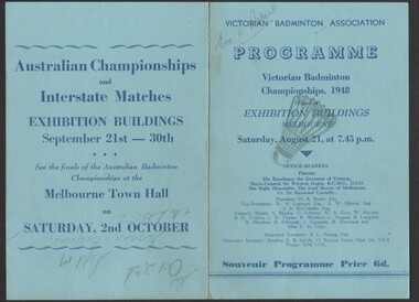 Programme - Gertrude Perry Collection - Victorian Badminton Association Programme Victorian Badminton Championships 1948