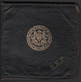 Ephemera - Gertrude Perry Collection - Black leather wallet marked in gold Commissioners of the State Savings Bank of Victoria, with initials G.E.P