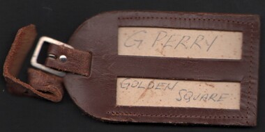 Ephemera - Gertrude Perry Collection - Black leather luggage tag, noted address G. Perry Golden Square