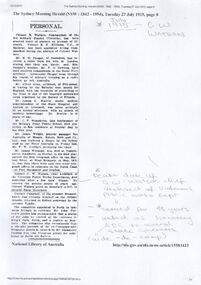 Article - 1915 Trove Article Personal Column from the Sydney Morning Herald