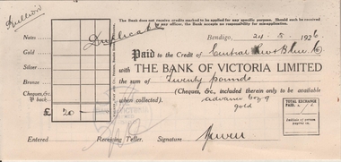 Administrative record - Bank of Victoria credit for Central Red, White and Blue Gold Mine, 1917 - 1920