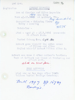 Typed sheet with details and dates on Robert