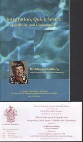 Booklet - Michele Matthews Collection - 2004 Sir John Quick Bendigo Lecture - "Integration, Quick Smart: Disability and Community", 04/02/2025