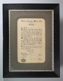 Certificate - Schaefer Collection: address to Mrs. Catherine Schaefer from Victoria Consols Mining Company, 1914