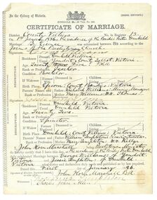 Certificate - Tui Mitchell Collection: 1886 marriage certificate of George Williams to Jessie Templeton