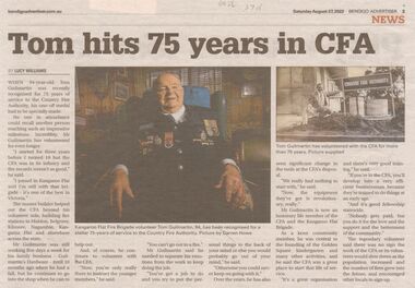 Newspaper - Story on Tom Guilmartin - service to the Country Fire Authority, Sat Aug 27 2022