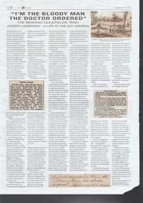 Newspaper - Article on the Bendigo Goldfields 1850s - Joseph Harrison, September 2020