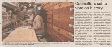 Newspaper - Article on City of Bendigo vote to assist the Historical Society with removal of its collection, Frid Oct 15 2021