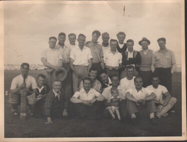 Photograph - Informal group of 21 men gathered to play cricket, circa 1950s, 4/5/2021