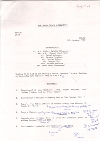 Document - Sir John Quick Committee Minutes, Michele Matthews Collection, 1992
