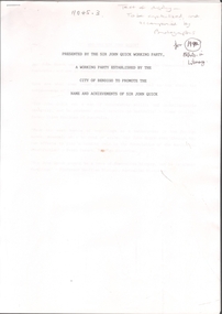 Document - Sir John Quick History, Michele Matthews Collection, 1992