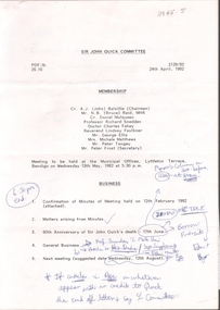 Document - Sir John Quick Committee Minutes, Michele Matthews Collection, 1992