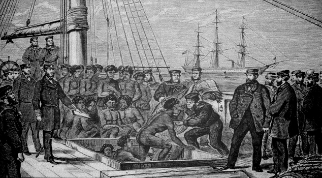 Black and white etching of the seizing of a slave trader's ship