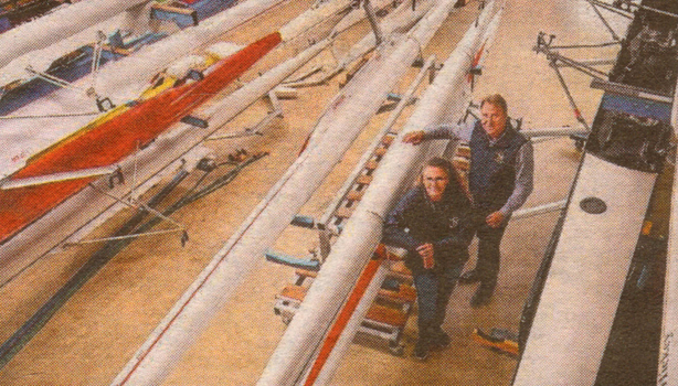 Colour photo of current Bendigo Rowing Club President Lynda Davis and Jesse Sherwood in the club rooms