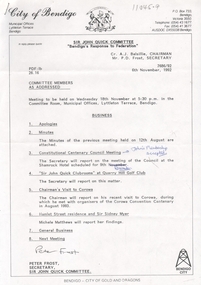 Document - Sir John Quick Committee Minutes, Michele Matthews Collection, 1992