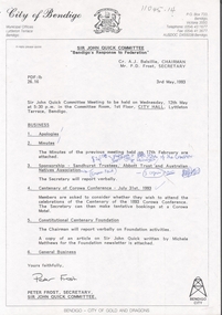 Document - Sir John Quick Committee Minutes, Michele Matthews Collection, 1992