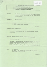 Document - Sir John Quick Committee Minutes, Michele Matthews Collection
