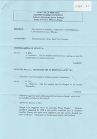 Document - Sir John Quick Committee Minutes, Michele Matthews Collection