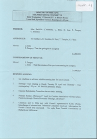 Document - Sir John Quick Committee Minutes, Michele Matthews Collection