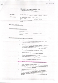 Document - Sir John Quick Committee Minutes, Michele Matthews Collection
