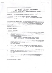 Document - Sir John Quick Committee Minutes, Michele Matthews Collection