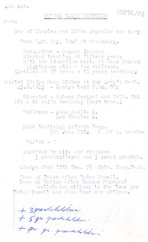 Information Sheet on Hector Baden Reynold's family