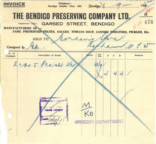 Financial record - INVOICE COLLECTION: Bendigo Preserving Co