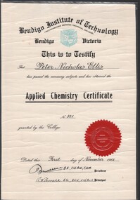 Award - Peter Ellis Collection - Applied Chemistry Certificate, 1.11.1968