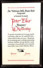 Certificate - Peter Ellis Collection - Honorary Life Membership award
