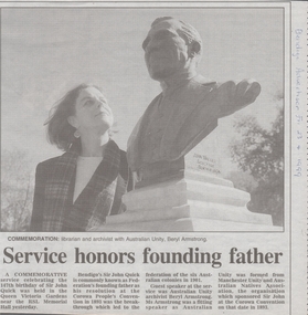 Newspaper - Sir John Quick Commemorative Service, Michele Matthews Collection, 23.4.1999