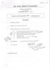 Document - Sir John Quick Committee Minutes, Michele Matthews Collection, 2.9.1999