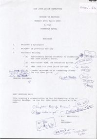 Document - Sir John Quick Committee Minutes, Michele Matthews Collection, 27.3.2000