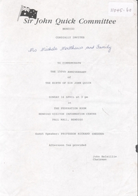 Document - Sir John Quick Committee Invitations, Michele Matthews Collection, 2000 - 2003