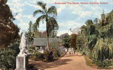This coloured card shows people on a path walking passed a tea house in gardens; on the card is printed "Scene near Tea House, Botanic Gardens Sydney".