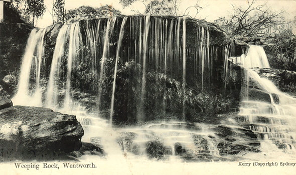 This black-and-white card shows water cascading over a broad rocky ledge; on the card is printed “Weeping Rock, Wentworth.”
