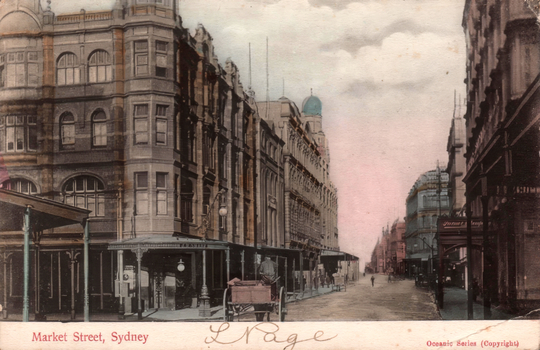 This coloured card shows a city street lined with large commercial buildings and a horse-drawn cart; on the card is printed “Market Street, Sydney” and “Oceanic Series (Copyright).”