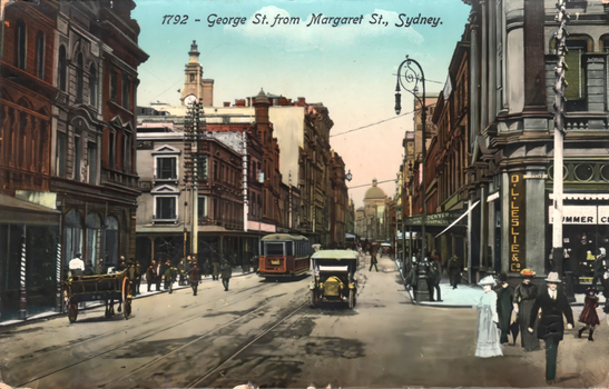 This coloured card shows a busy city street with a tram, motor vehicles, horse-drawn carts and pedestrians; on the card is printed “1792 - George St. from Margaret St., Sydney.”
