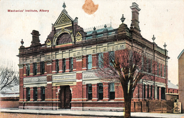This coloured card shows an ornate brick public building; on the card is printed “Mechanics’ Institute, Albury”.