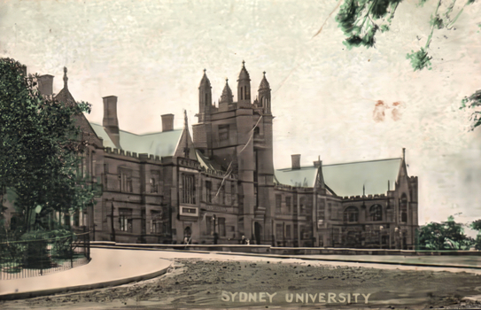 This coloured card shows the main building of Sydney University; on the card is printed “SYDNEY UNIVERSITY”.