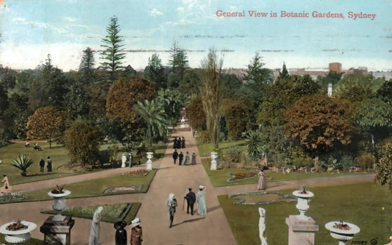 1405.067 This coloured card shows formal garden paths, lawns, flowerbeds and visitors among trees; on the card is printed “General View in Botanic Gardens, Sydney”.