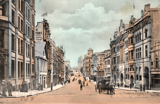 1405.068 This coloured card shows a broad city street lined with commercial buildings, pedestrians and horse-drawn vehicles; on the card is printed “Bridge St.”, “Sydney Streets Series 50.” and “Kerry (Copyright) Sydney.”