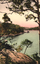 This coloured card shows a man seated on a rocky hillside overlooking a wooded harbour with a ferry; on the card is printed “Flat Rock, Middle Harbour, Sydney”.