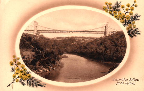 This coloured card shows a suspension bridge spanning a wooded river valley; on the card is printed “Suspension Bridge, North Sydney”.