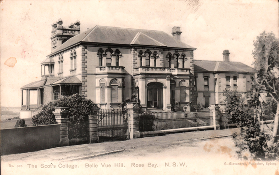 This black-and-white card shows a large college building behind an iron fence; on the card is printed “No. 325 The Scot’s College. Belle Vue Hill. Rose Bay. N.S.W.” and “G. Giovanardi, Publisher, Sydney.”