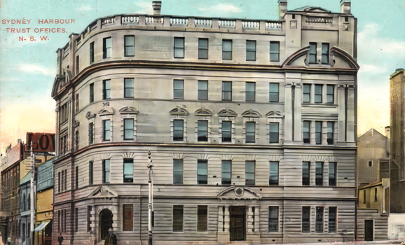 This coloured card shows a large multi-storey office building; on the card is printed “SYDNEY HARBOUR TRUST OFFICES. N.S.W.”