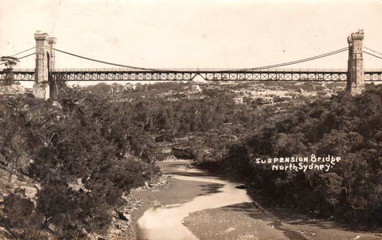 This black-and-white card shows a suspension bridge spanning a wooded river valley; on the card is printed “SUSPENSION Bridge NorthSydney.”